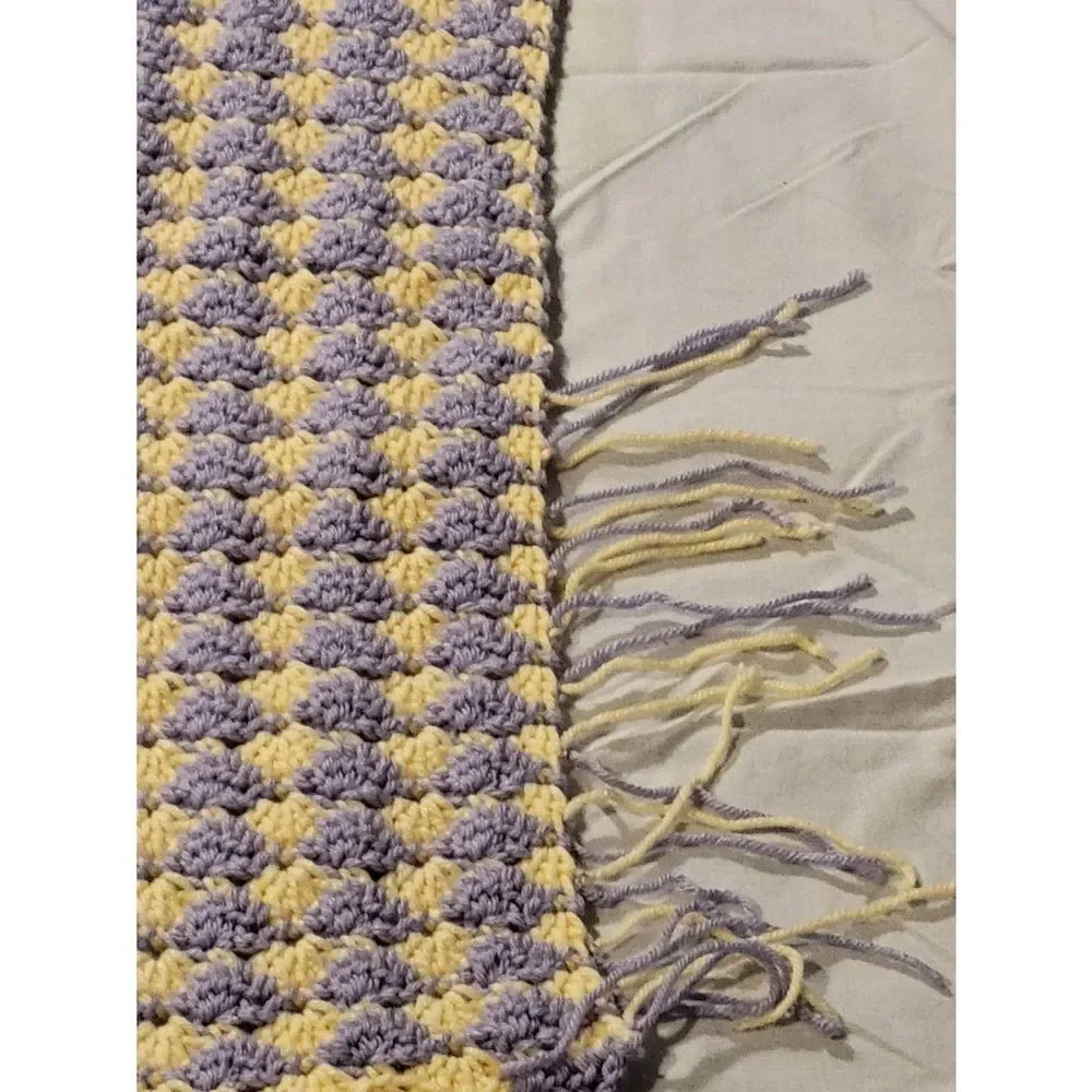 Vintage Afghan Handmade Crochet Throw Baby Lap Blanket Yellow Purple 34x27in‎
